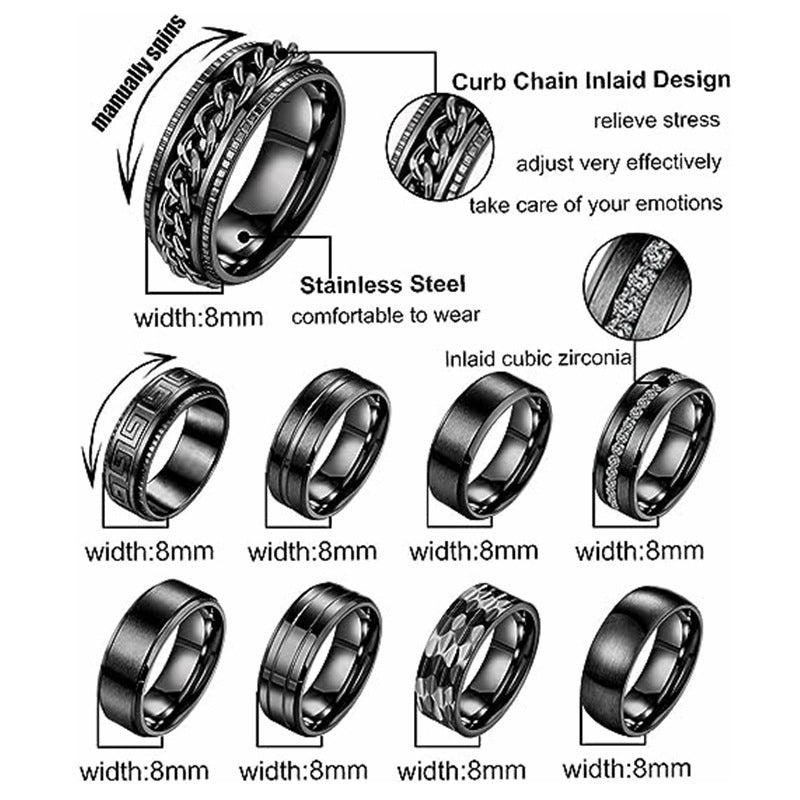 Planderful Everyday Genie Nine-Piece Decompression Rotation Ring Set For Unisex Stainless Steel Fade Resistant