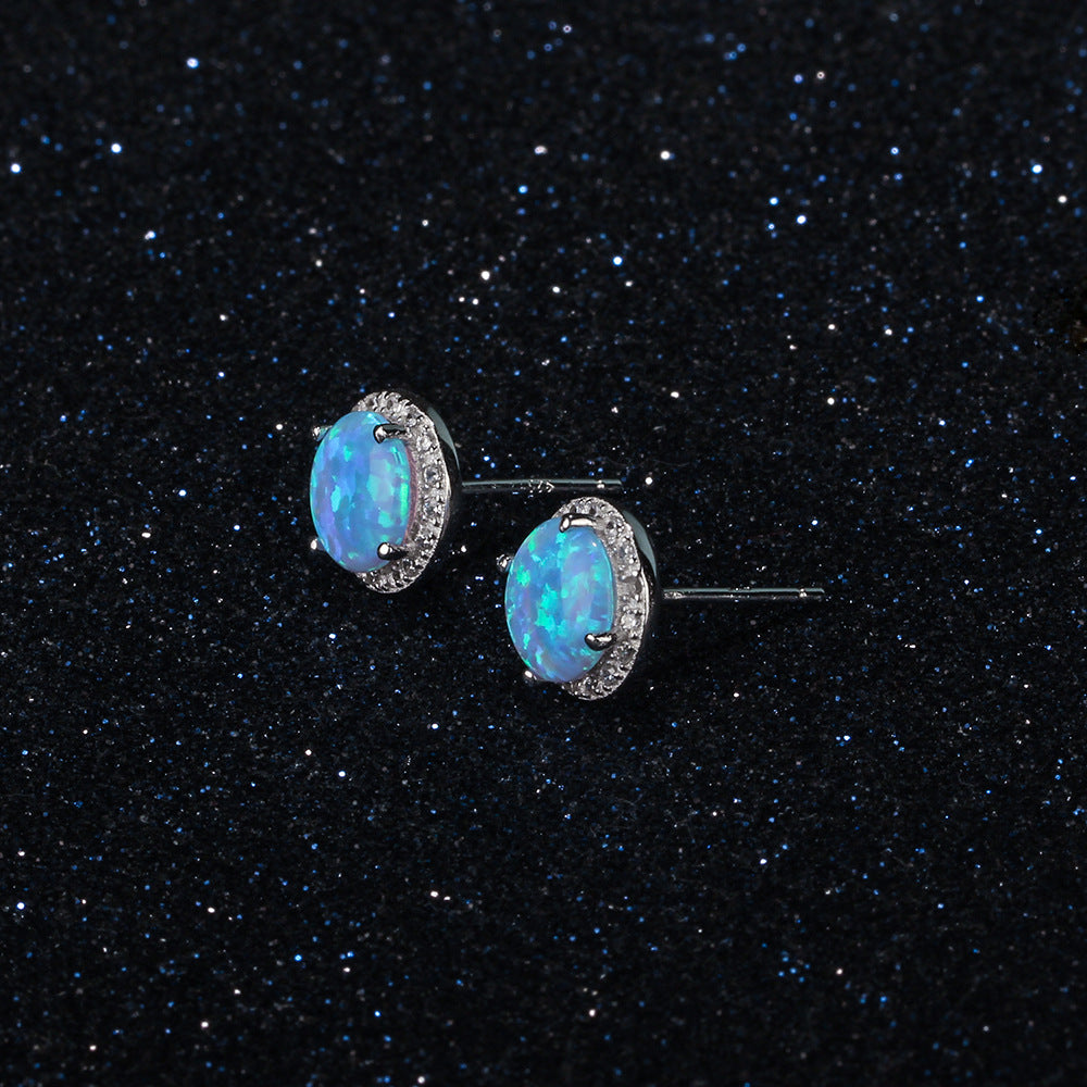 Planderful Jewelry Sterling Silver Opal Stud Earrings with Zircon Halo in Blue Round Opal