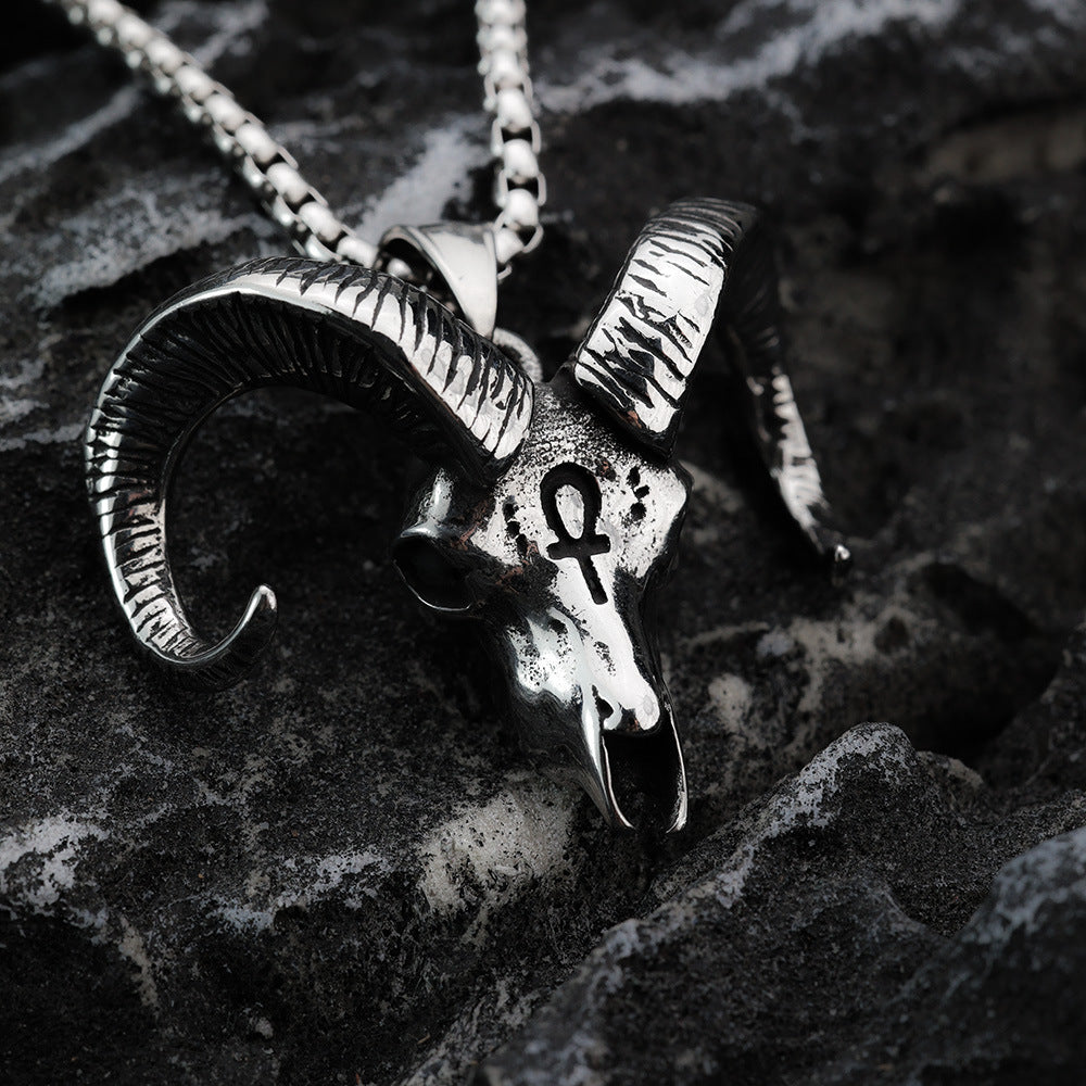 Nordic Retro Stainless Steel Men's Pendant Sheep Head Anka Cross