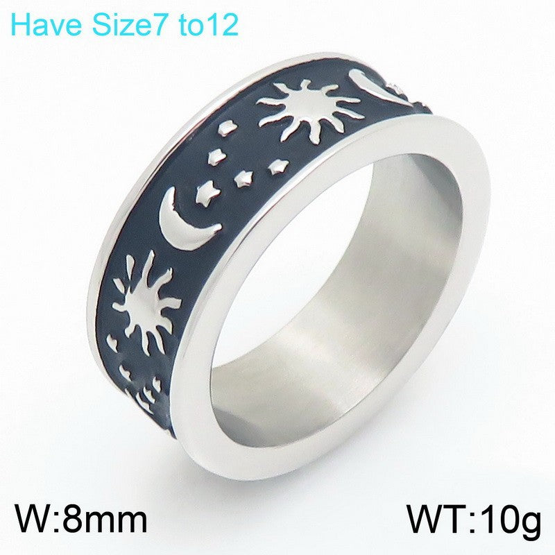 Retro Sun And Moon Tonghui Stainless Steel Ring, Punk Cross Star Moon Stainless