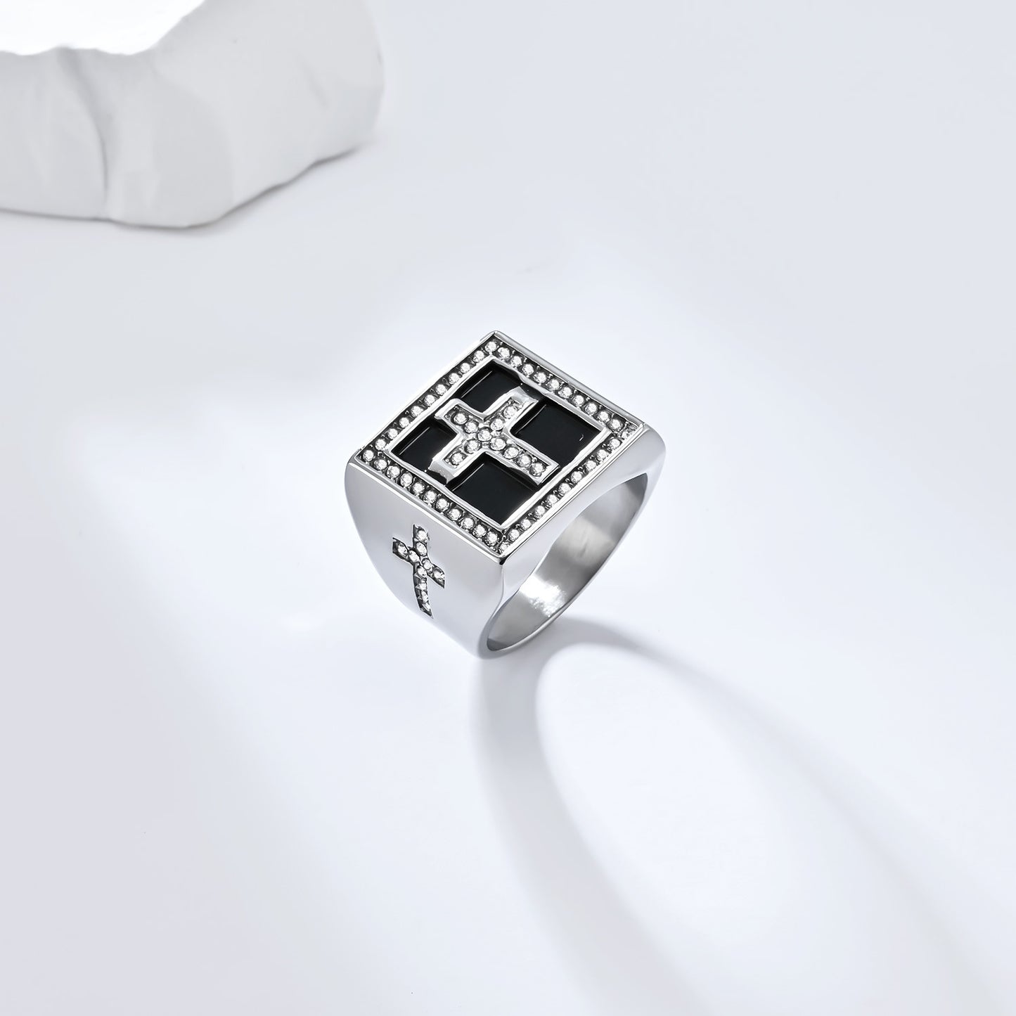 Planderful Hip Hop Ring For Men Zircon Cross Square Seal Plated Titanium Steel Bold Statement