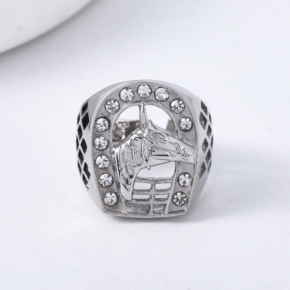 European and American Fashion Diamond Horseshoe Titanium Ring for Men