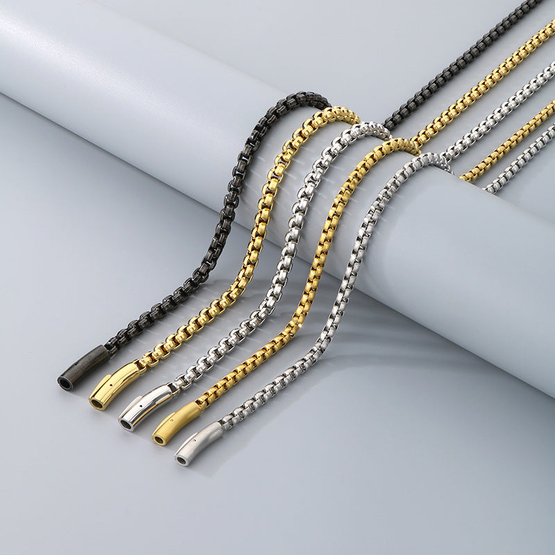 And Plain Chain Necklace, Style Rock Retro Square Pearl Chain Magnetic Buckle Titanium