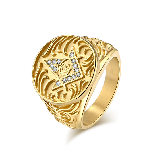 Planderful Masonic Zircon Titanium Steel Ring For Men Retro Fraternity Hand Jewelry Domineering Style