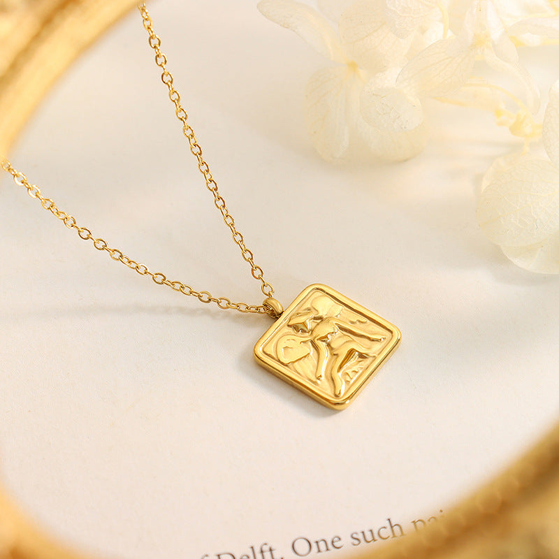 Cherub Square Pendant Gold Plated Clavicle Necklace - Dainty Jewelry for Women