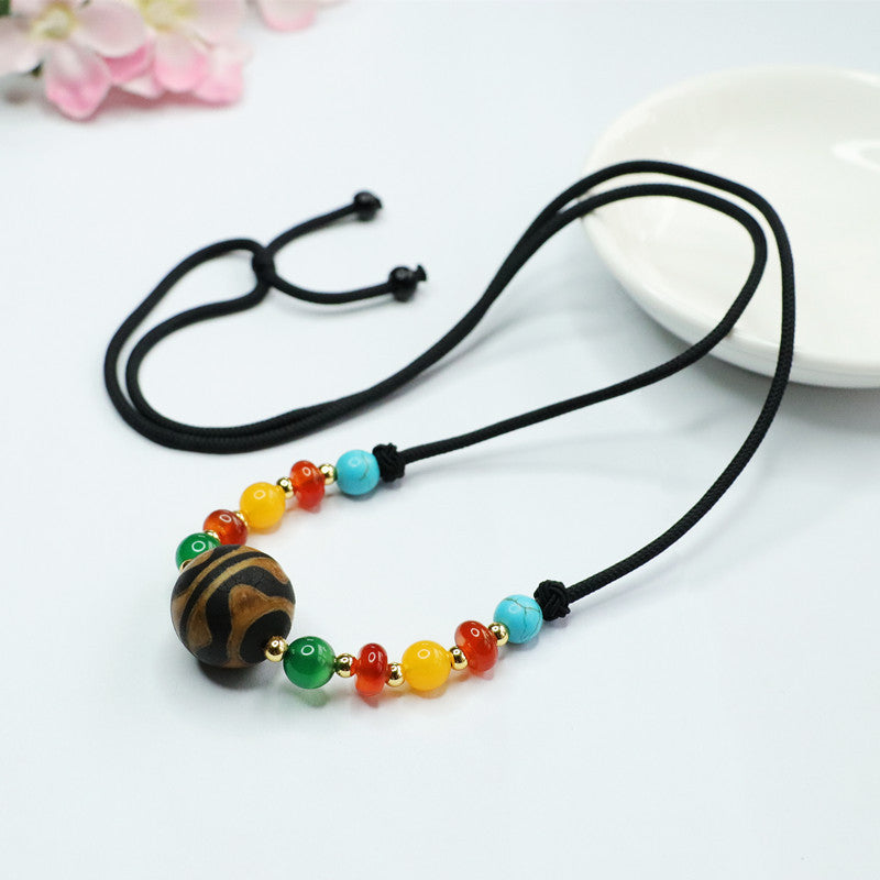 Tiger-Tooth Dzi Agate Bead Cord Pendant