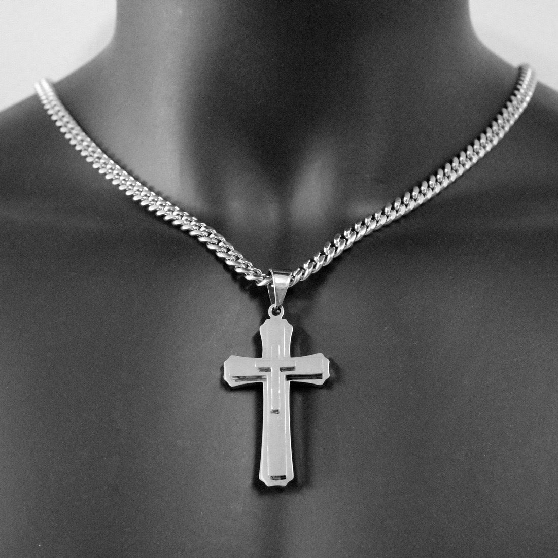 Planderful Three Layer Cross Pendant Necklace Stainless Steel Cuban Chain Unisex Gift