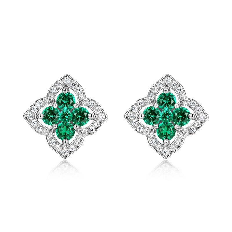 Planderful Cross-border New Retro Court Style Four-leaf Clover Hollow Lab Grown Emerald Earrings S925 Sterling Silver Gold-plated Stud Earrings for Women – Elegant Eco-friendly Design