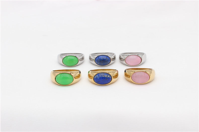 Planderful Unisex Stainless Steel Ring With Oval Colored Stone Protection Symbol For Everyday Style