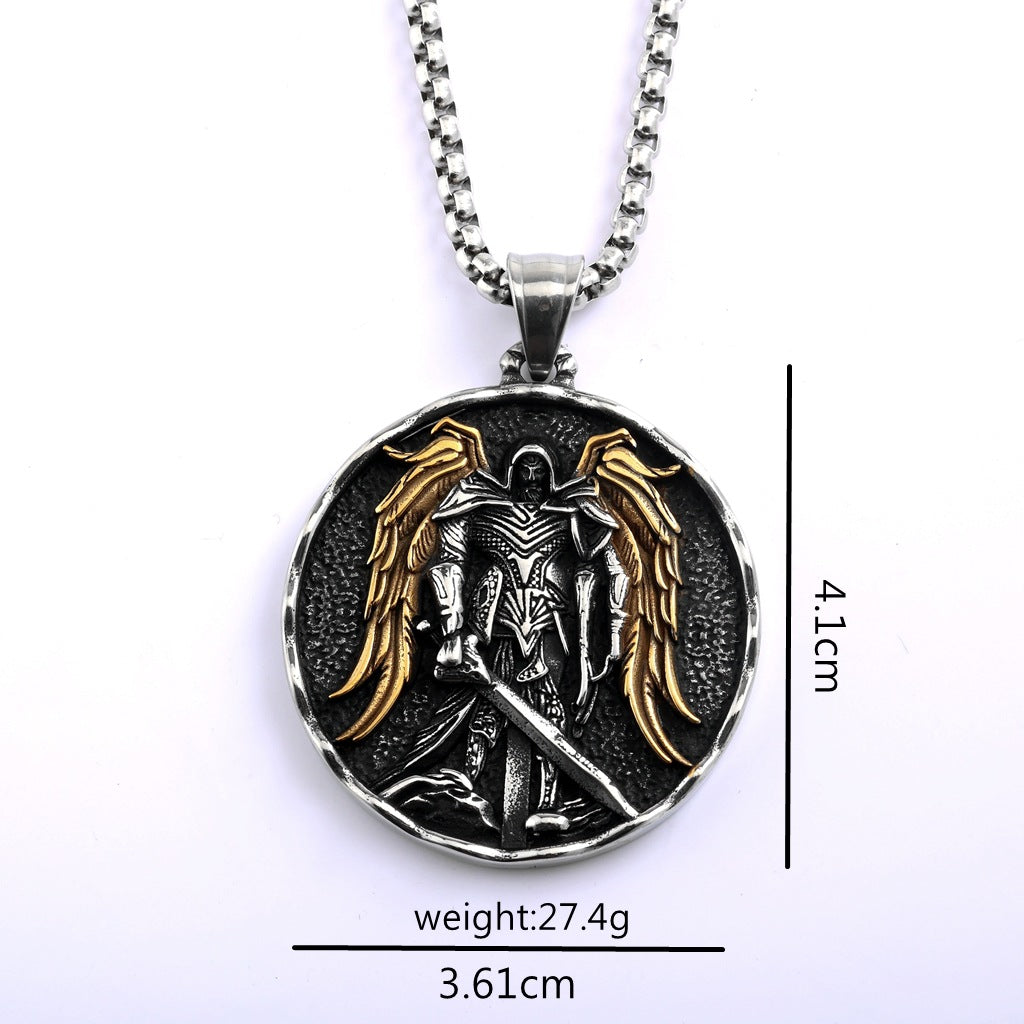 Vintage St. Michael Angel Stainless Steel Men's Pendant Necklace