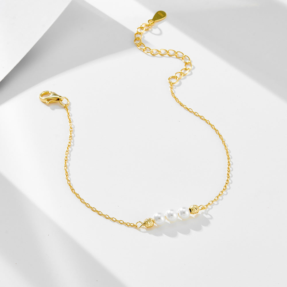 S925 Sterling Silver Beaded Pearl Bracelet And Elegant