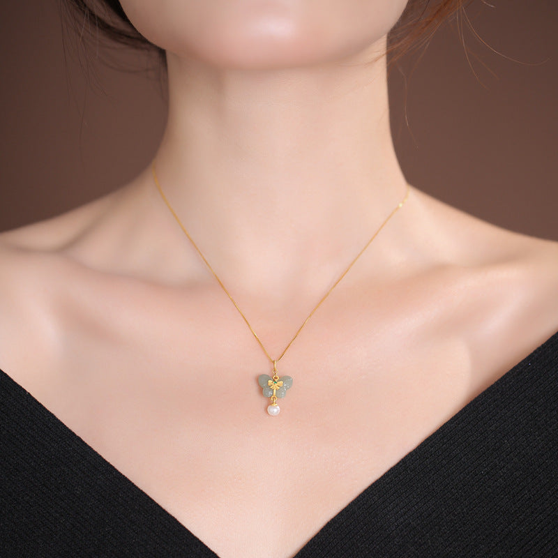 Fortune's Favor: Sterling Silver Necklace with Jade and Pearl Pendant