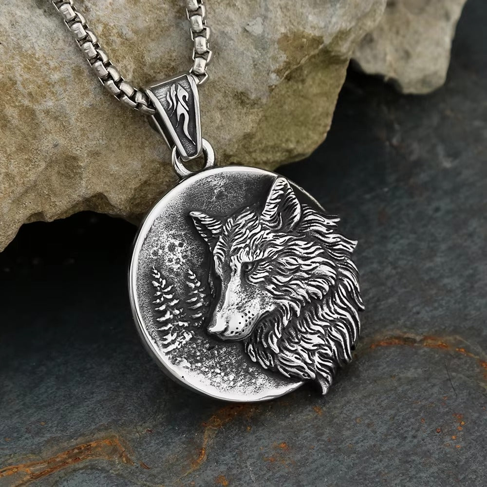 Planderful Viking Wolf Pendant Necklace Double Sided Titanium Steel For Men Norse Legacy Collection