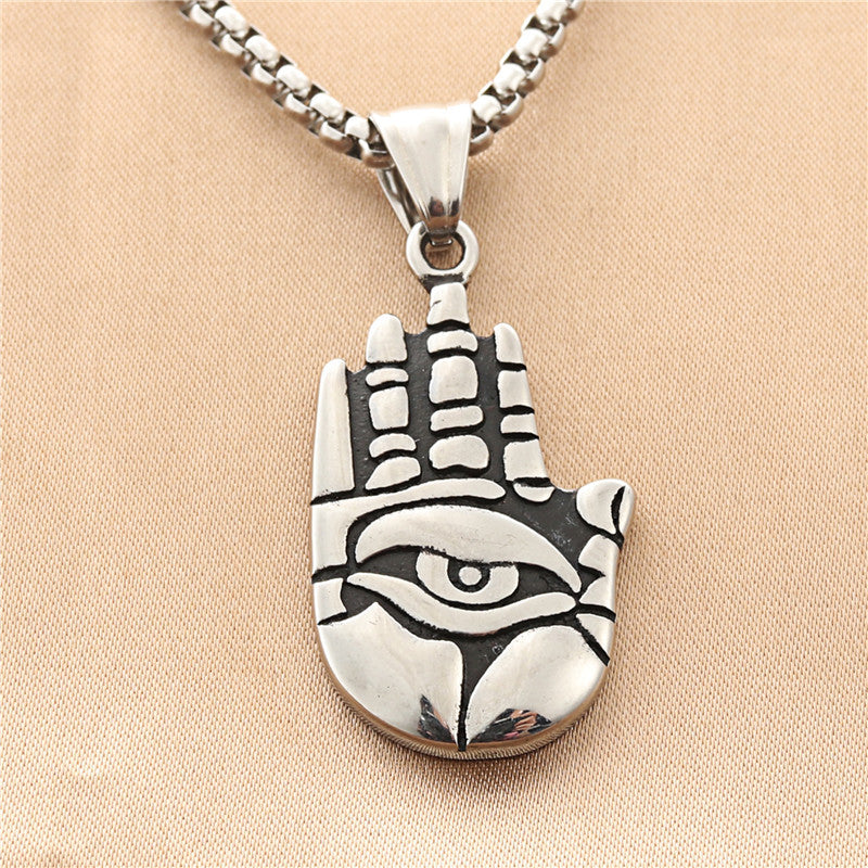 Personalized Titanium Steel Bergamot Eye and Buddha Hand Pendant Necklace for Men - Retro Punk Trendy Design
