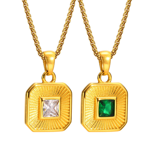 Stainless Steel Zircon Square Pendant Necklace Gold Women