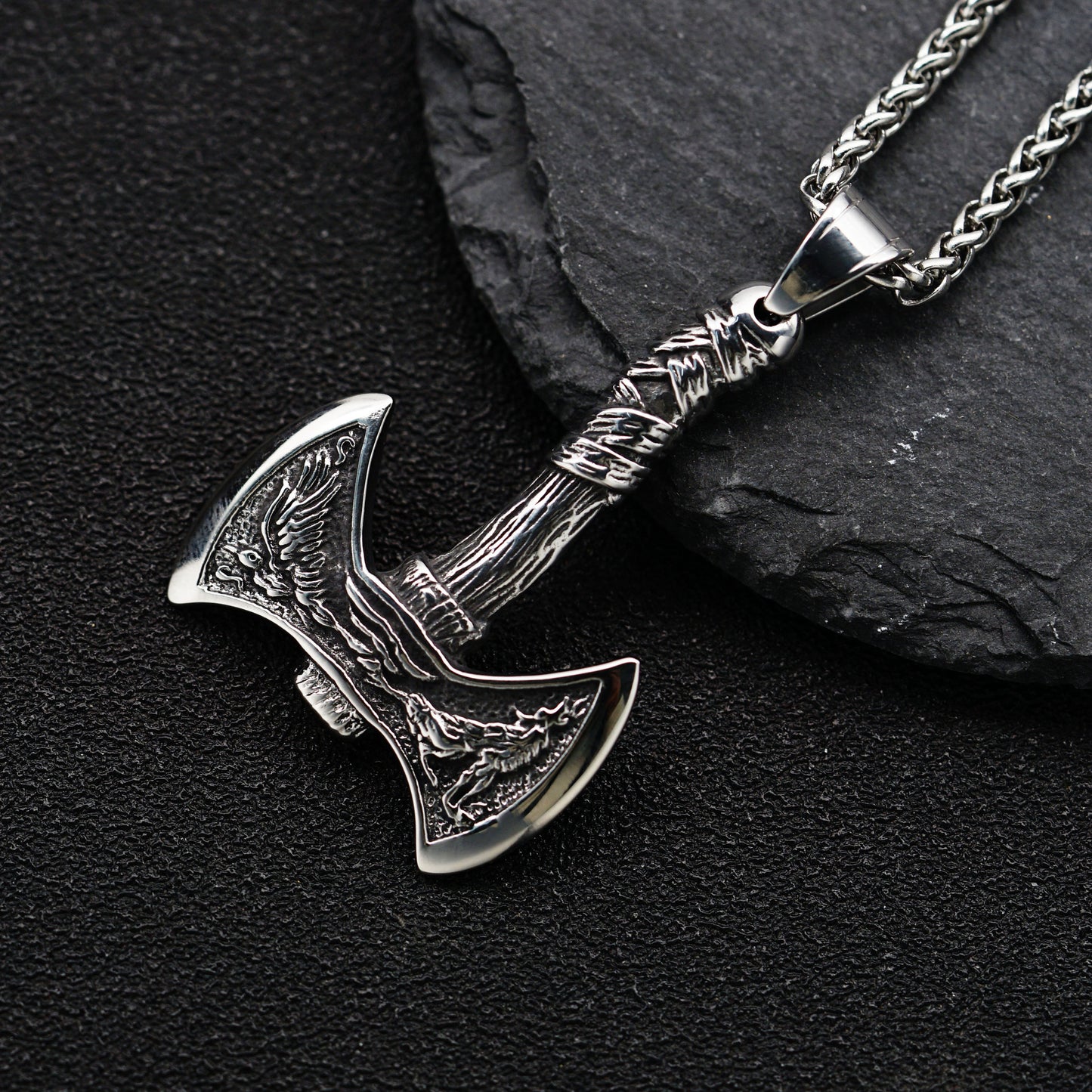 Steel Necklace - Vintage Viking Crow Head Double Axe Pendant