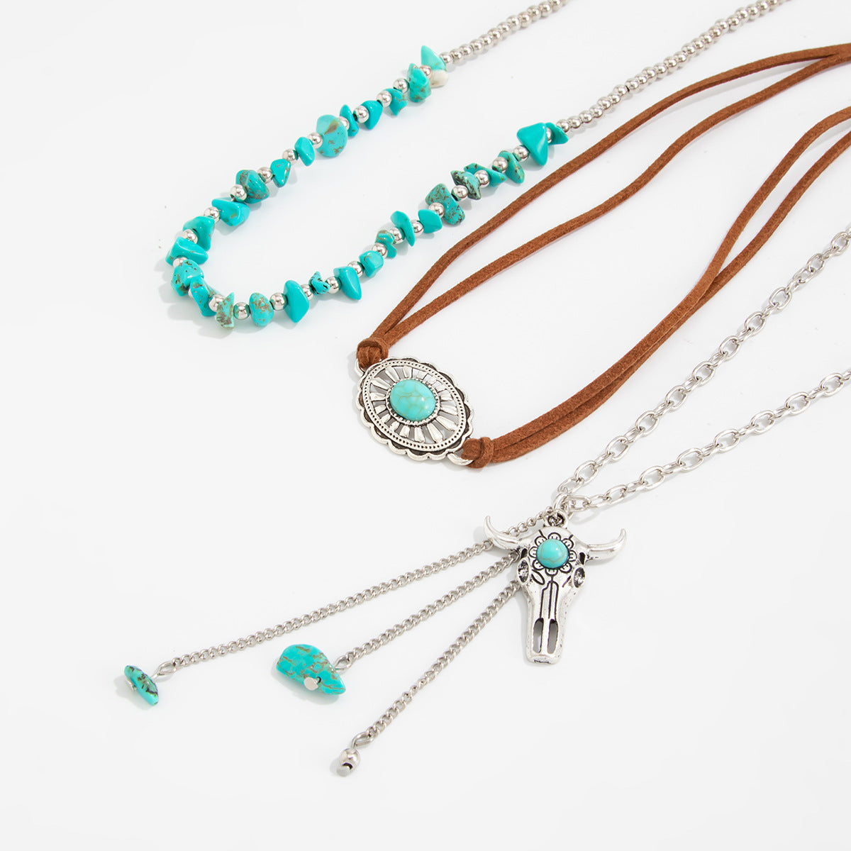 Retro Imitation Turquoise Stacked Western Denim National Cactus Cow Head Pendant Neck Necklace