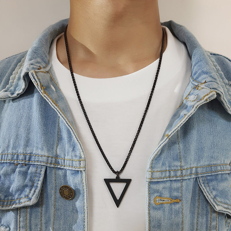 Stainless Steel Hollow Triangle Pendant Black Men Necklace