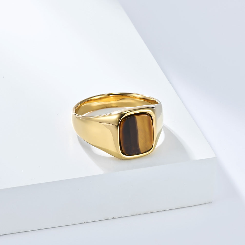 Planderful Tiger's Eye Ring Titanium Steel Inlaid Unisex Modern Gem Ring For Men And Women