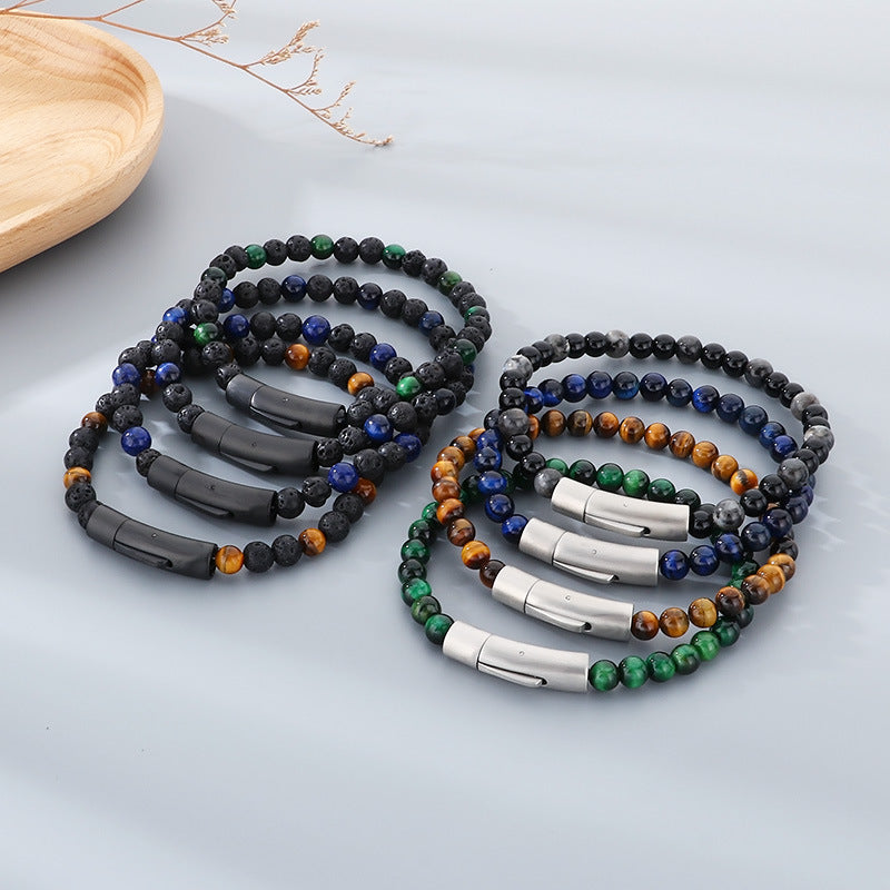 Bracelet – Tiger's Eye Stone Turquoise Magnetic Buckle Titanium Steel Men's Beaded