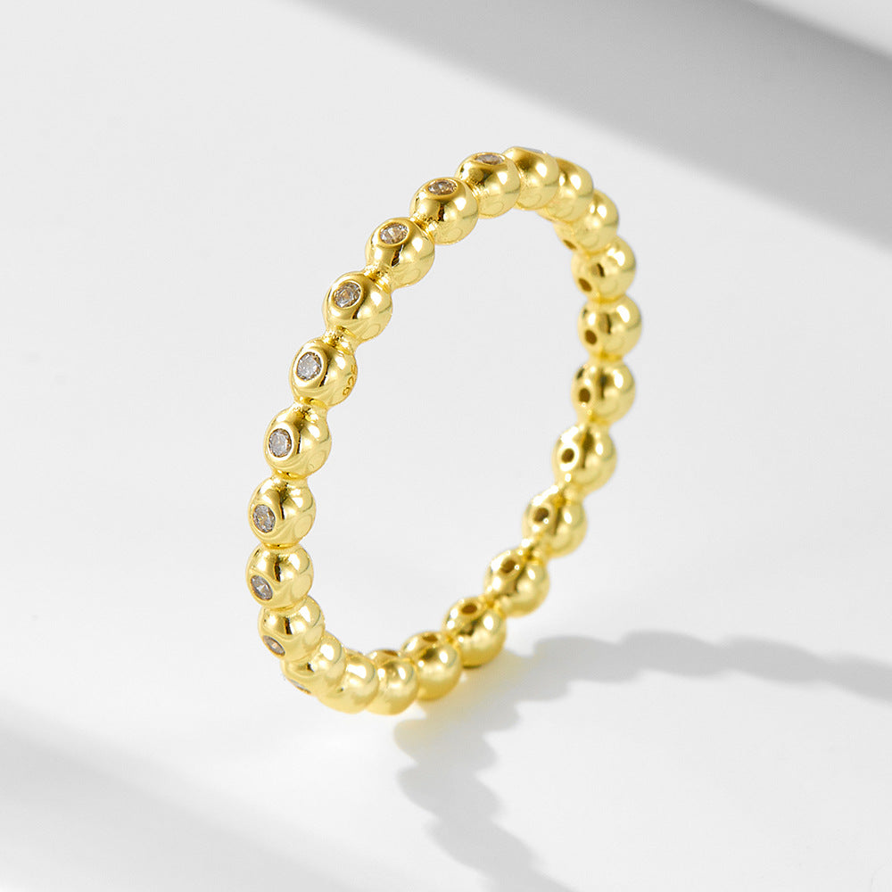 Small Round Bead Inlaid Zircon Sterling Silver Ring