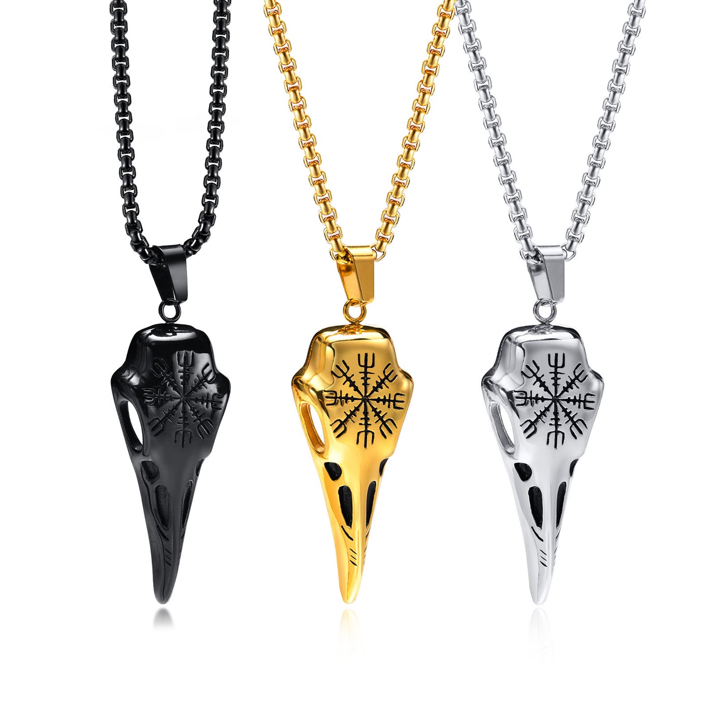 Stainless Steel Viking Crow Skull Pendant Gold Men's Necklace