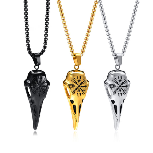 Stainless Steel Viking Crow Skull Pendant Gold Men's Necklace