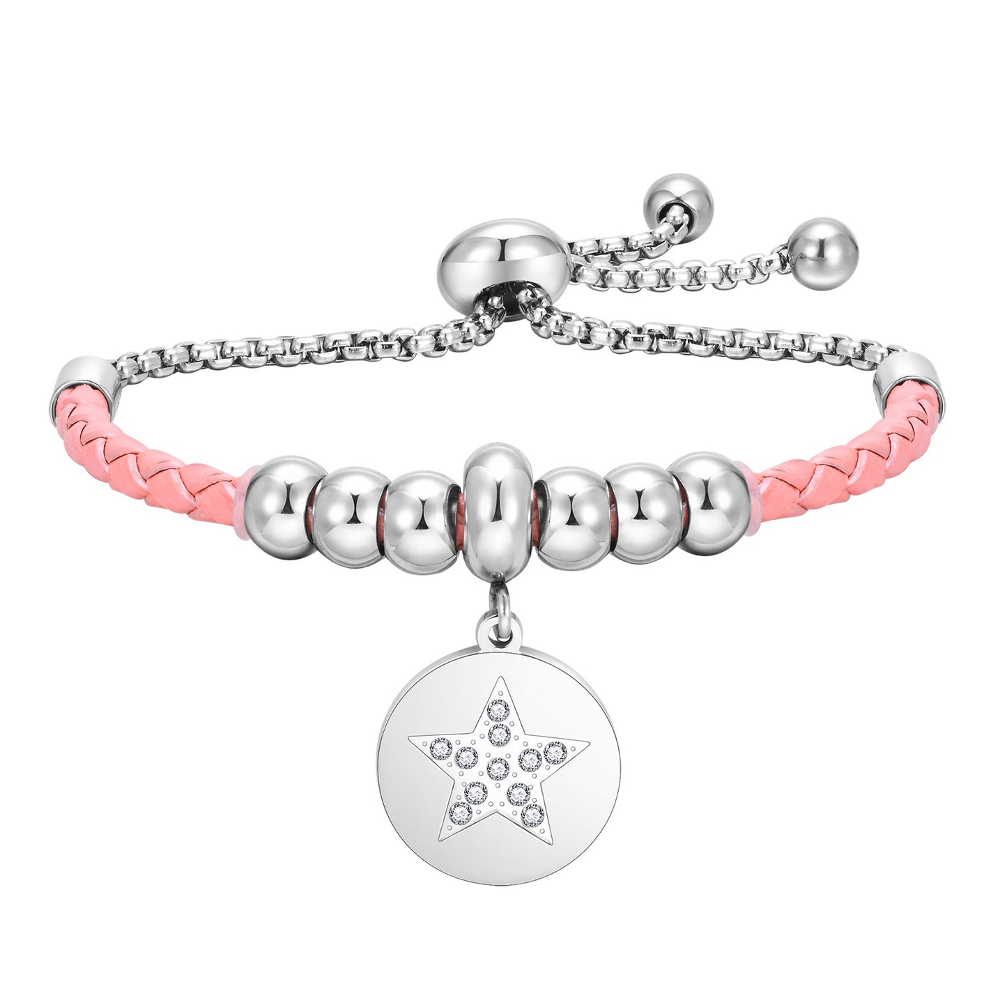 Stainless Steel Leather Inlaid Zircon Star Adjustable Bracelet
