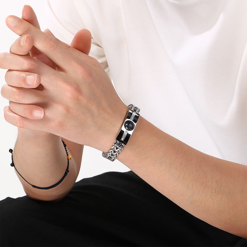 Blue Gold Black Pine Obsidian Inlaid Zircon Curved Bar Front & Back Chain Stainless Bracelet