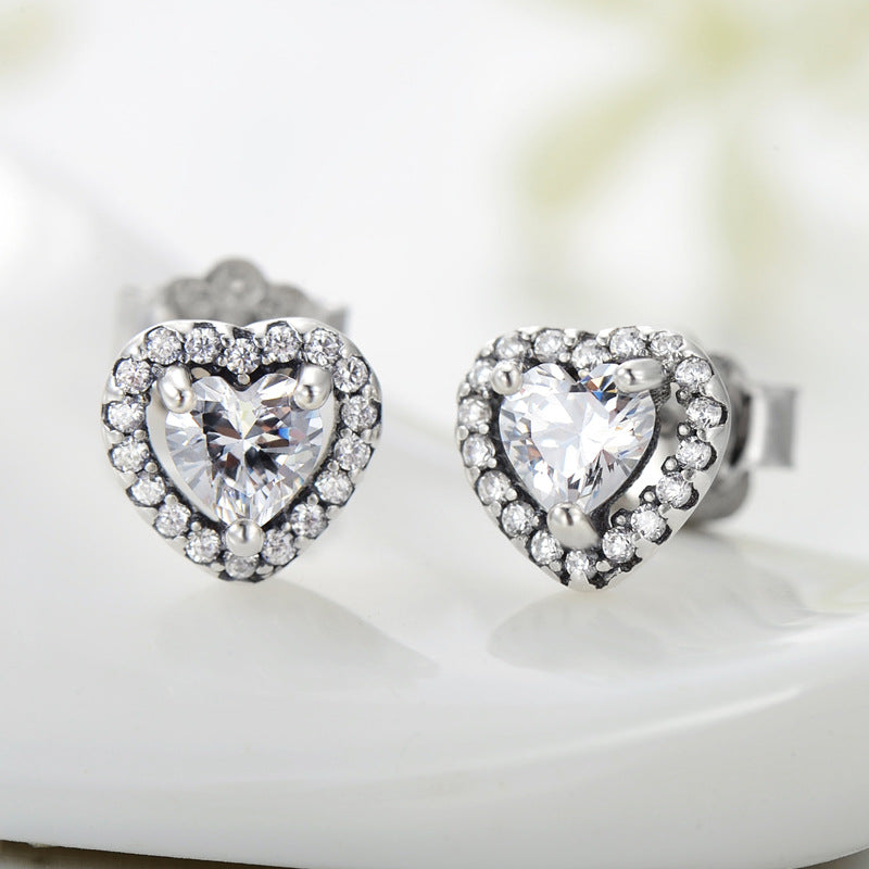 Sterling Silver Heart-Shaped Zircon Earrings with Micro-Inlay