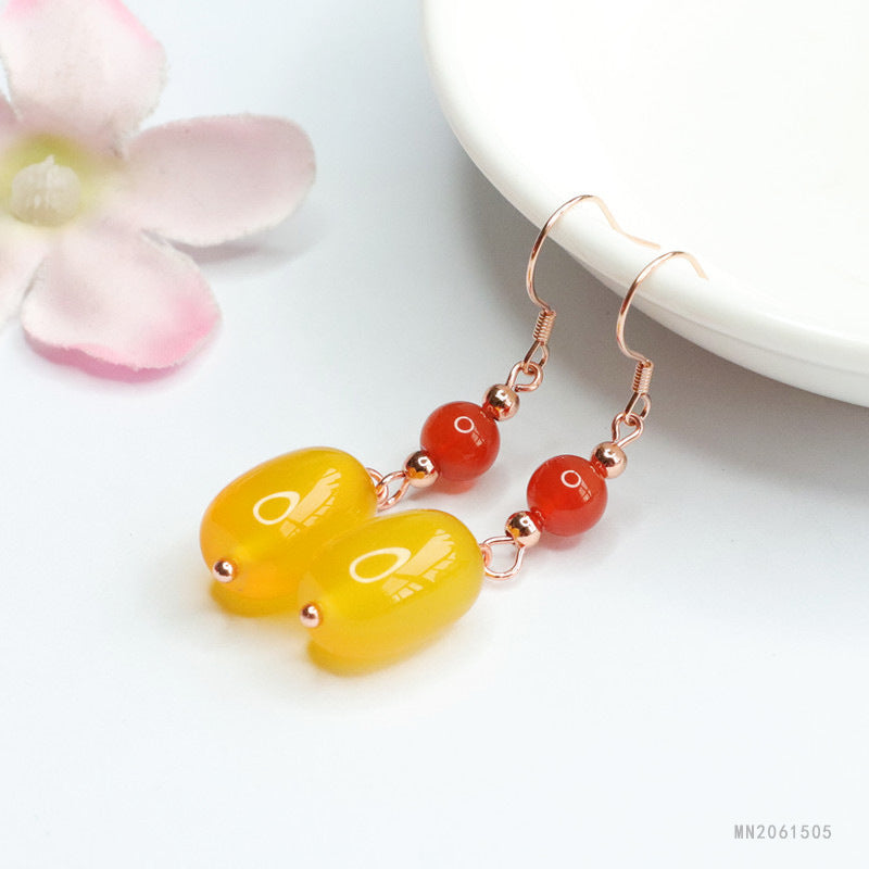 Yellow Chalcedony Barrel Bead 925 Silver Hook Earrings