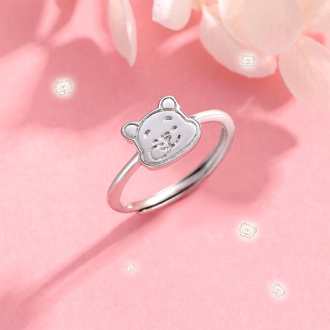 Planderful Little Bear S925 Sterling Silver Ring For Women Open Adjustable Cute Cartoon Design