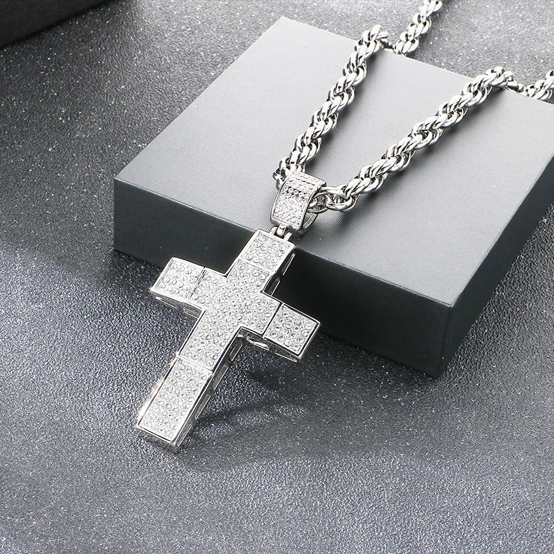 Twist Chain Hip Hop Inlaid With Zircon Double Cross Hollow Pendant Stainless Steel Necklace