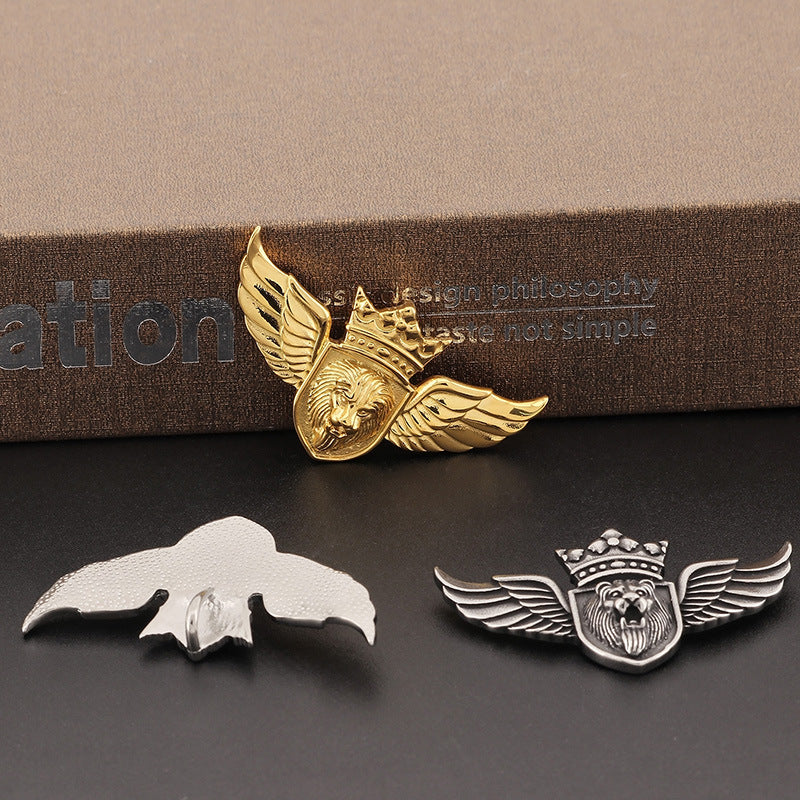 Retro Metal Lion Head Emblem Pendant with Punk Angel Wings for Men
