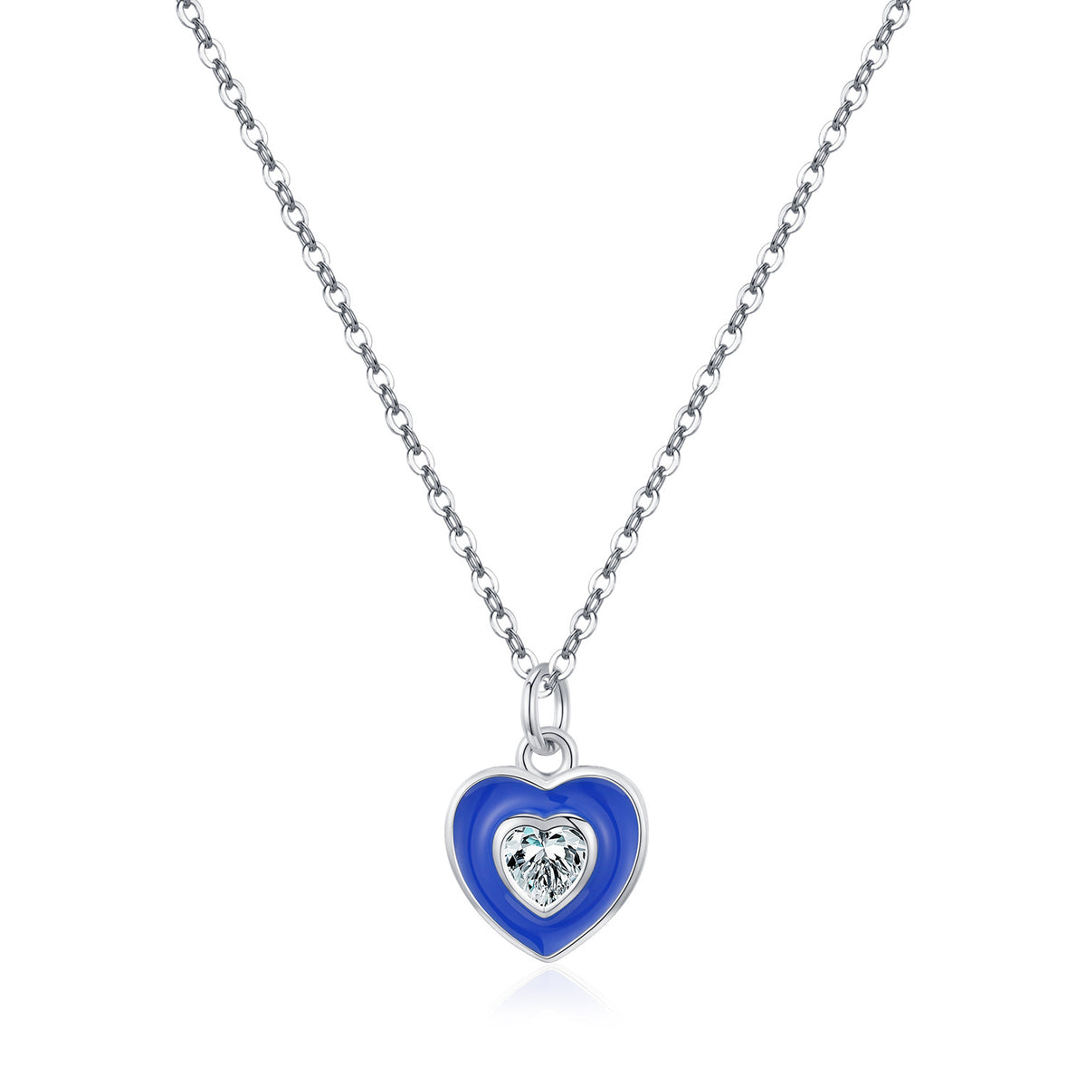 925 Sterling Silver Blue Heart Enamel Zircon Necklace