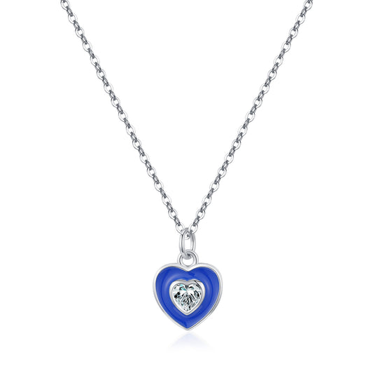 925 Sterling Silver Blue Heart Enamel Zircon Necklace
