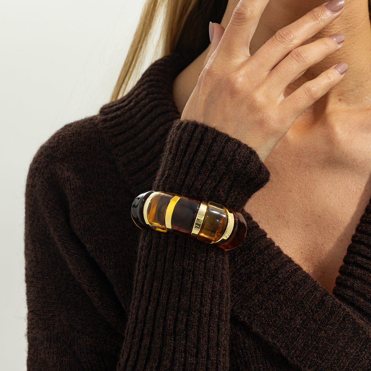 Planderful Translucent Smudged Resin Elastic Bracelet With Colorful Splice Vienna Verve Statement Jewelry For Women