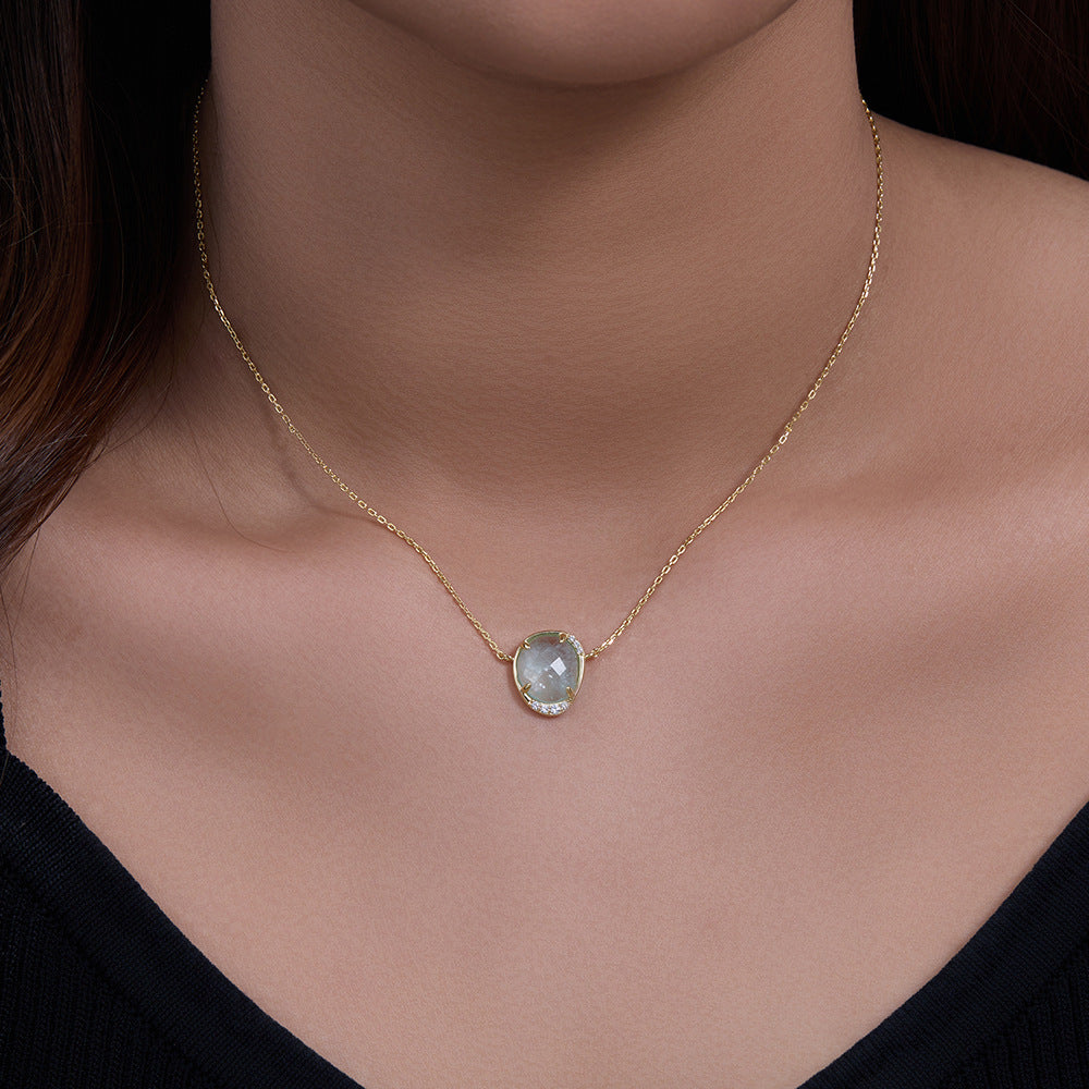 Oval Egg-Shaped Natural Sea Treasure Sapphire Pendant Sterling Silver Necklace High-End Clavicle Chain