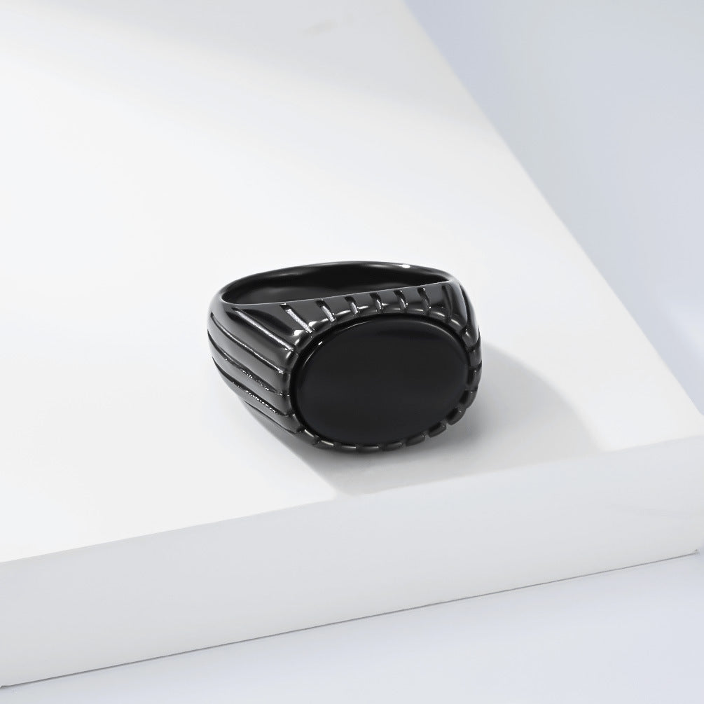 Men's Stainless Steel Black Gemstone Ring