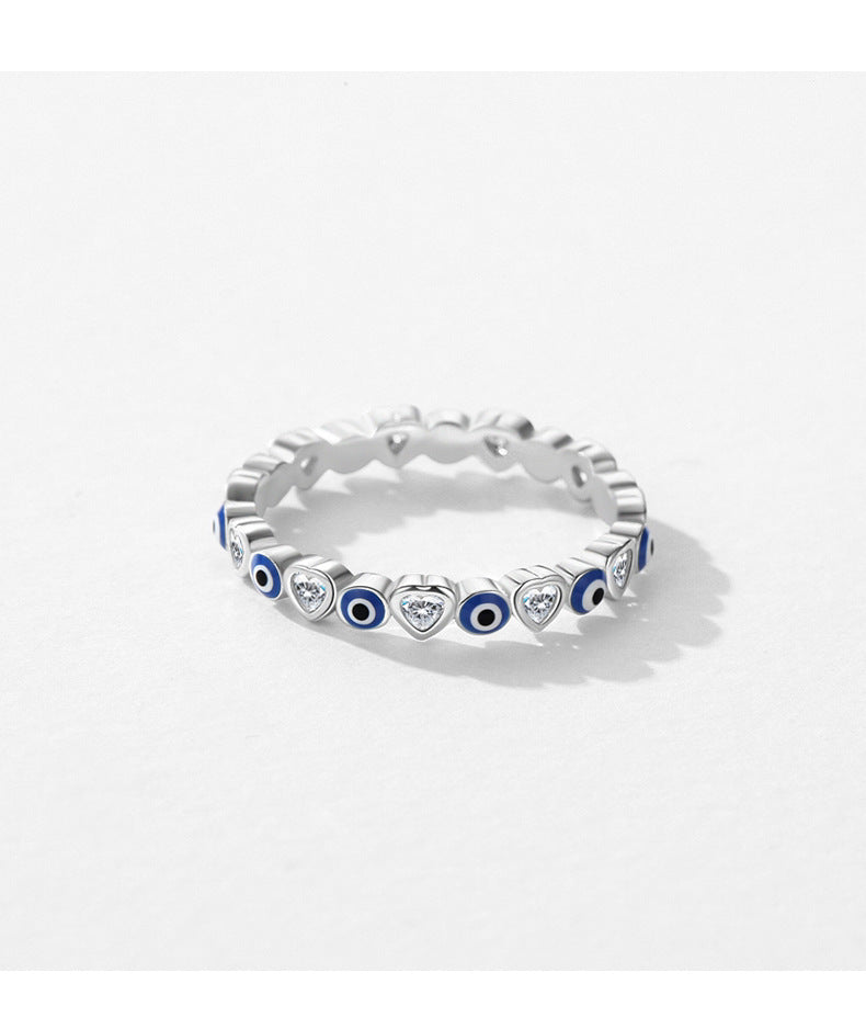 Enamel Blue Eye Zircon Sterling Silver Ring for Women with Cross-border Jewelry Design