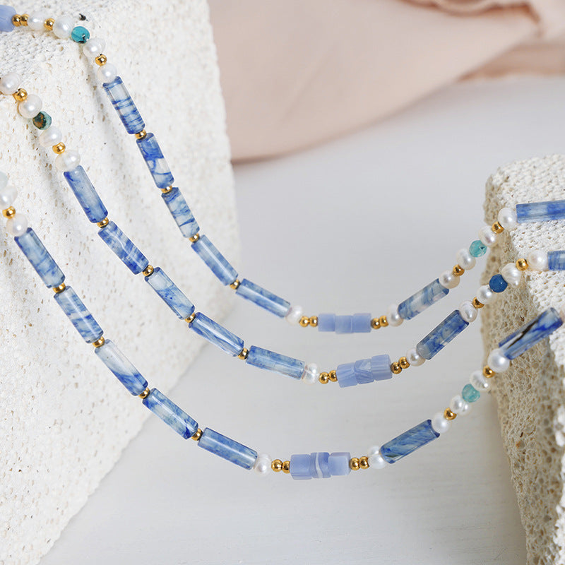 European and American Handmade Blue Jade Freshwater Pearl Necklace - Luxury Palace Edition for Women