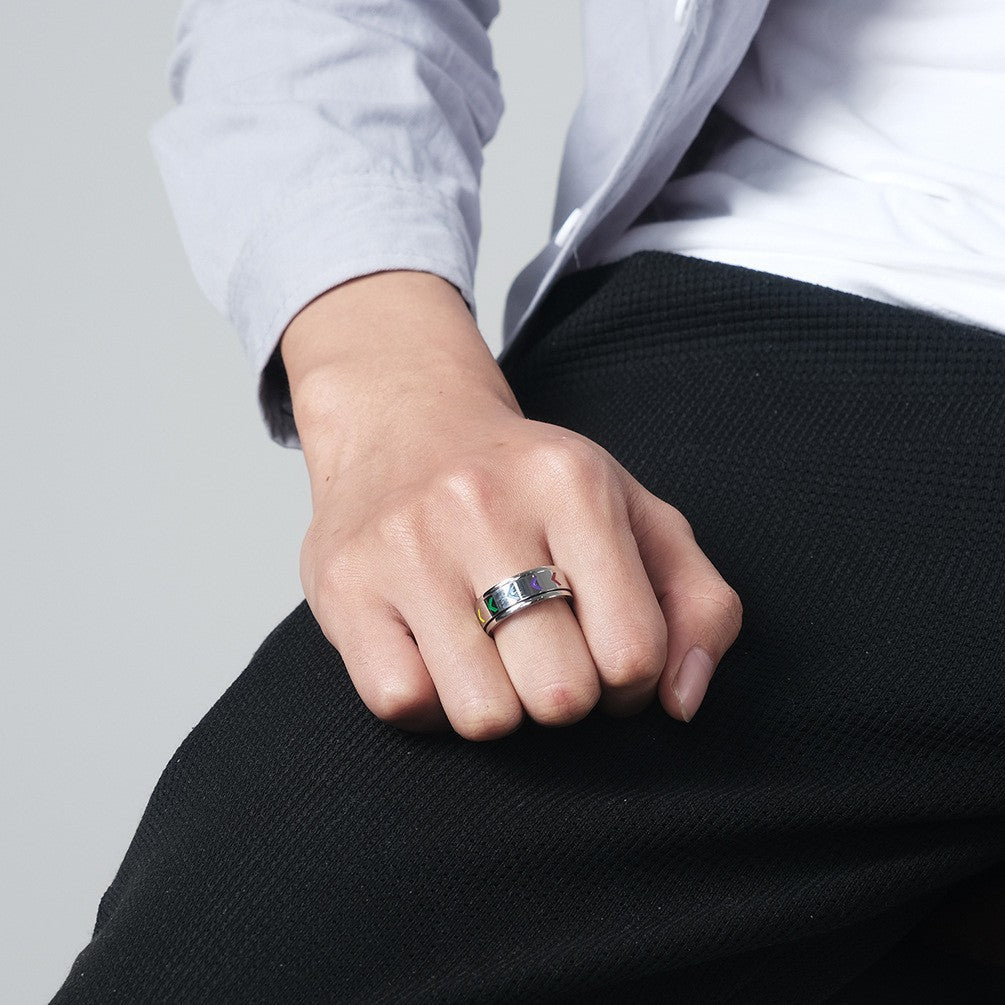 Planderful Rotating Rainbow Flag Ring Titanium Steel Unisex Pride Jewelry For Him And Her