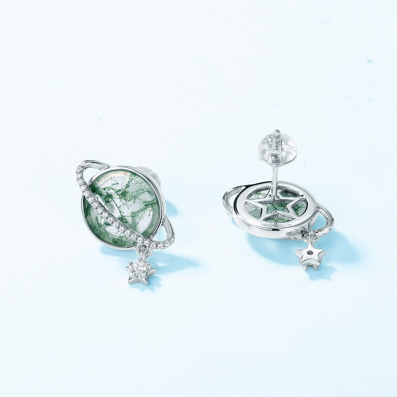 S925 Sterling Silver Moss Agate Planet Stud Earrings