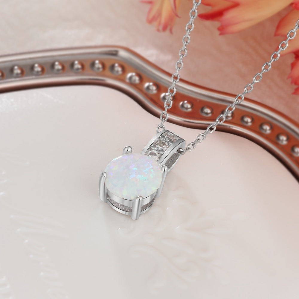 Planderful Jewelry Opal Necklace In Sterling Silver Four Claw Pendant With Zircon