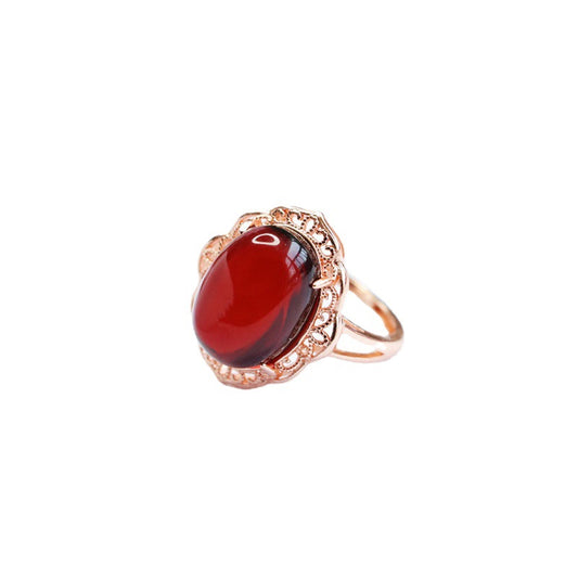 Blood Amber Lace Flower Ring with Sterling Silver