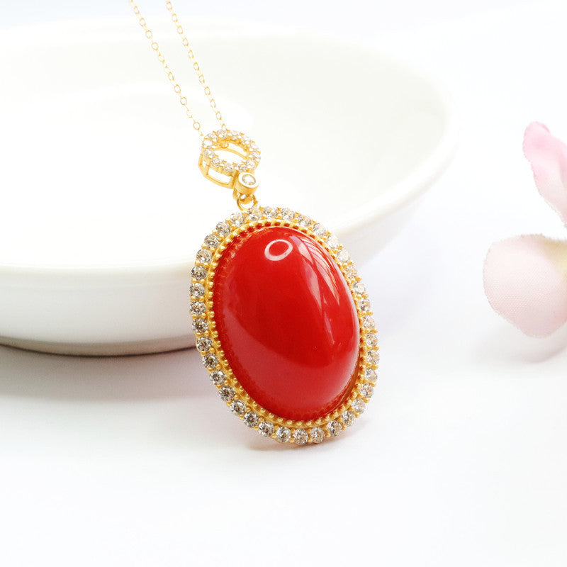 Pendant Jewelry with Natural Red Agate and Zircon Halo on Sterling Silver Necklace