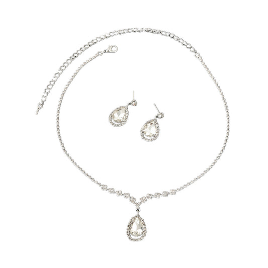 Rhinestone Clavicle Chain Necklace Set with Fringed Drop Earrings