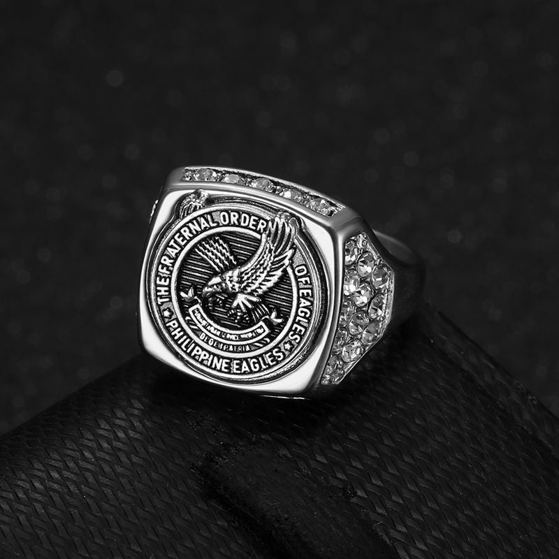 Planderful Everyday Genie Titanium Steel Gold Plated Rhinestone Philippine Eagle Unisex Ring