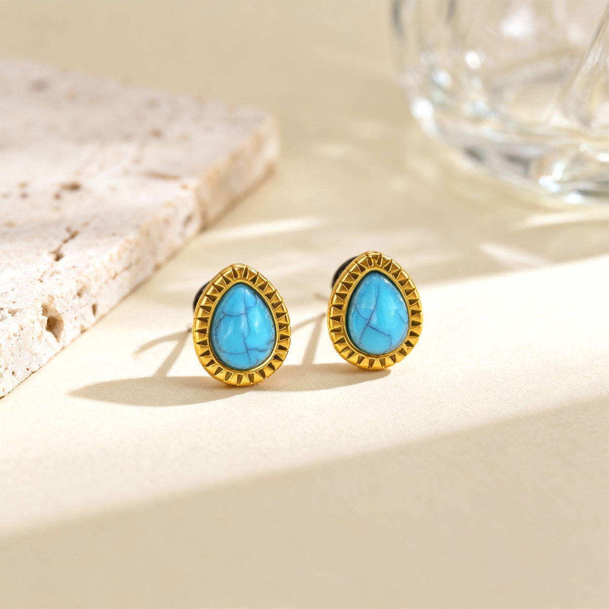 Gold-Tone Turquoise Teardrop Stud Earring — Single