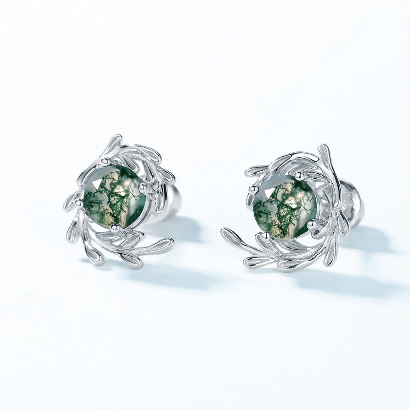 S925 Sterling Silver Moss Agate Minimalist Stud Earrings